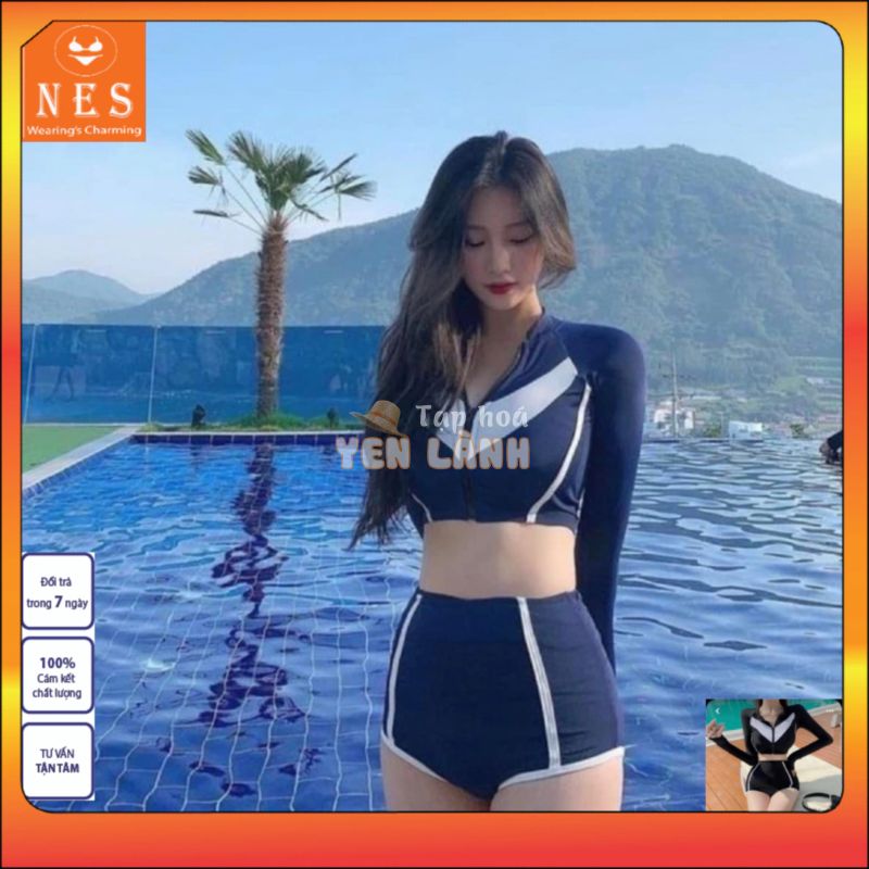 Bộ Đồ bơi nữ dài tay 2 mảnh khóa kéo sành điệu quần lưng cao, bikini đùi, đồ bơi nữ Nes 2M0102