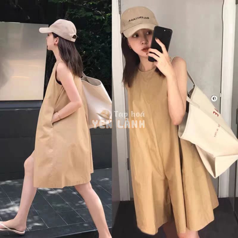 Bộ Áo Liền Quần Ống Rộng Chất Cotton Màu Trơn Cỡ Lớn Thời Trang Mùa Hè Cho Nữ