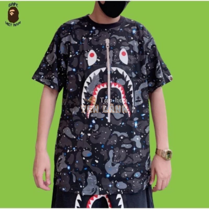 [Ảnh thật + FREESHIP] Tee Bape Shark Galaxy, Áo Thun Bape Cá Ngáo, Áo phông Bape Cá mập chất Cotton