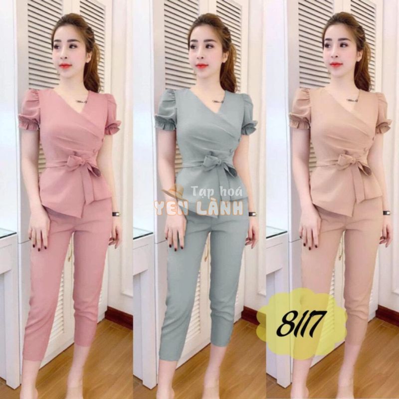 Set Bộ Nữ Công Sở Cột Nơ Tay Nhúng Quần Lửng Cực Kỳ Dễ Thương