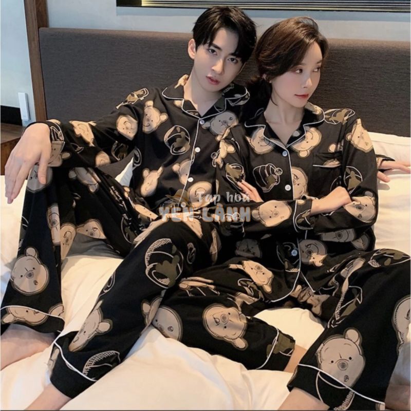 Bộ đồ ngủ pijama hoạ tiết gấu pooh lụa bóng nam nữ Bigbang Luxury Dành cho cặp đôi mặc nhà