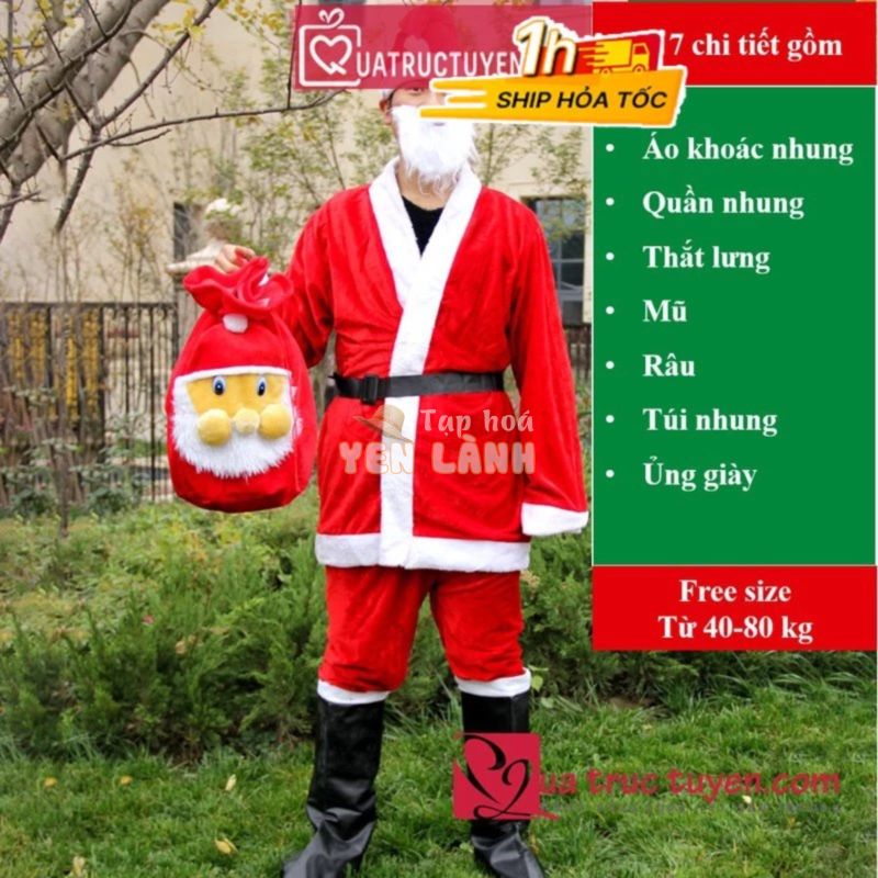 Bộ quần áo ông già noel người lớn vải nhung 7 phụ kiện (40-80kg)