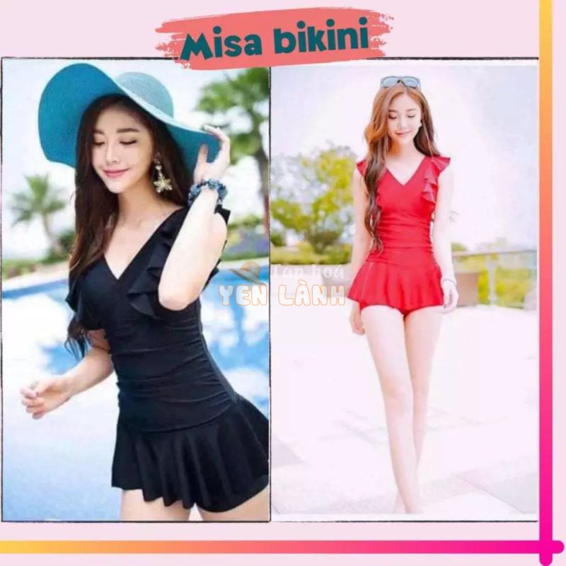 Đồ bơi liền thân nữ bộ đồ bơi bikini đi biển kín đáo bèo vai cánh tiên váy có quần đùi bên trong Ms03