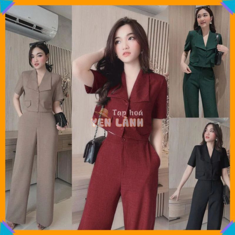 Set Bộ Nữ  FREESHIP  Set nguyên bộ quần dài ống suông áo croptop cổ vest 2 nắp túi giả xinh xắn  J1170