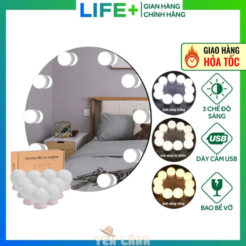 Bộ 10 Bóng Đèn Led Tăng Giảm Ánh Sáng 5 Chế Độ Gắn Gương Bàn Trang Điểm, Dán Trang Trí Gương LIFE +