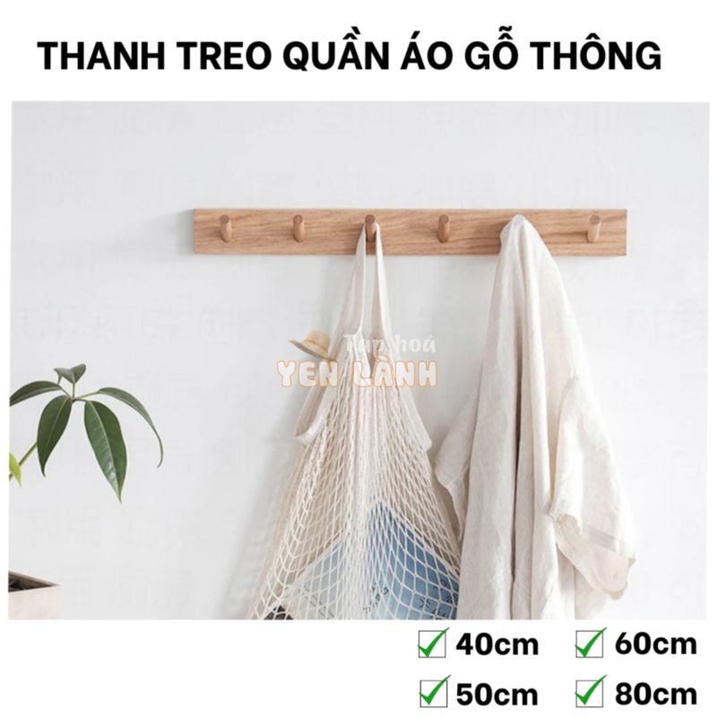 [Giá Xưởng] Thanh treo quần áo gắn tường gỗ thông tự nhiên dài 40, 50, 60, 80 cm