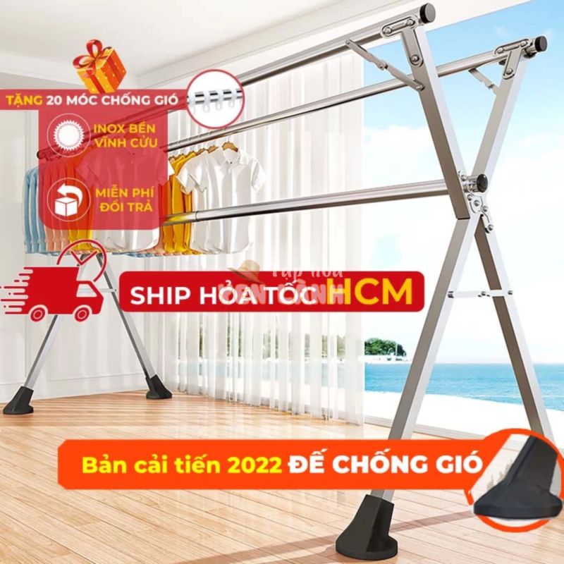 Sào Phơi Quần Áo Có BÁNH XE Tặng 20 móc chống bay Loại Giàn, Giá INOX Gấp Gọn, Treo Đồ Thông Minh Dạng Cây