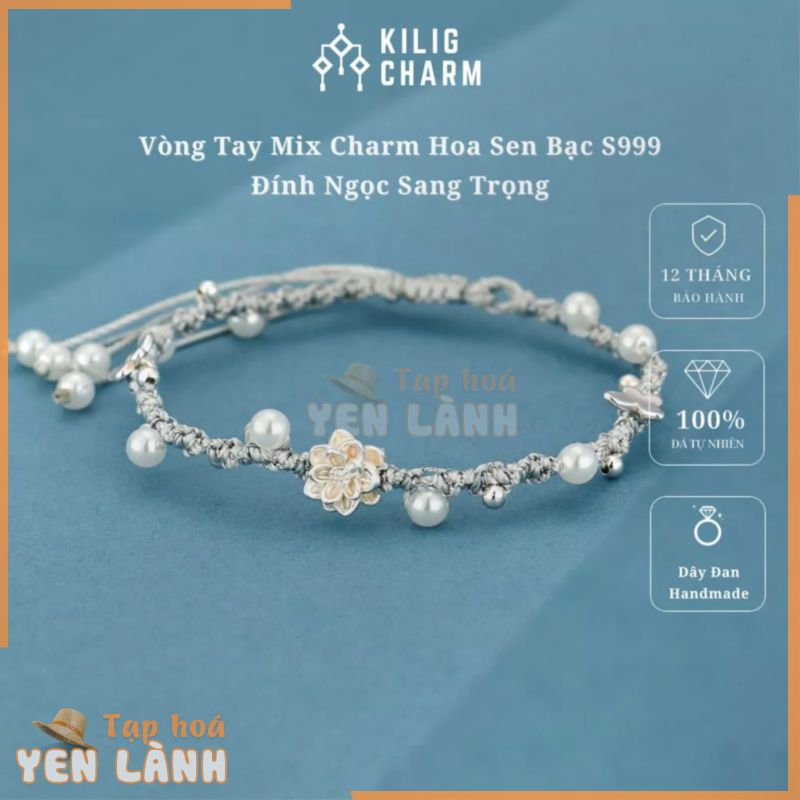 Vòng tay dây đan handmade charm hoa sen bạc S999 nữ đính đá sang trọng KILIG CHARM – KC46