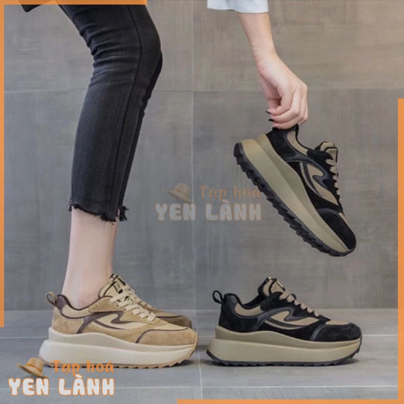 Giày thể thao nữ  màu đen nâu chất liệu da độn đế cao 5 cm sneaker ulzzang hàn quốc đi học đi chơi đi làm đẹp 2022