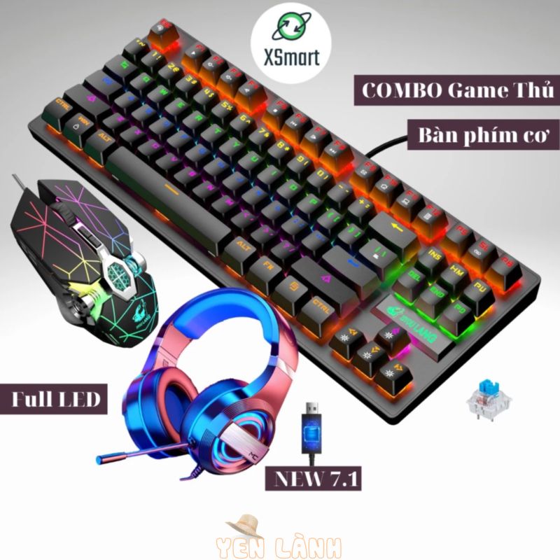 Combo bàn phím cơ, chuột, tai nghe chụp tai headphone, bộ sản phẩm gaming có đèn Led đổi màu K2 đen +V8 tia sét + Q9 7.1