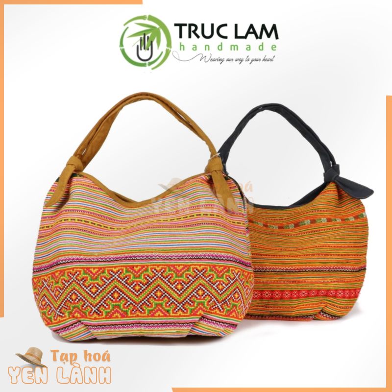 Túi Xách Tay Thời Trang Nữ Vải Thổ Cẩm Thêu Tay Phối Vải Da Lộn Size Lớn – Trúc Lâm Handmade