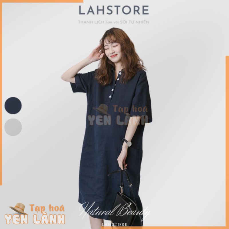 Đầm linen suông LAHSTORE tay lỡ, cổ sơ mi, 2 túi ốp sườn (Xanh Than / Xám)