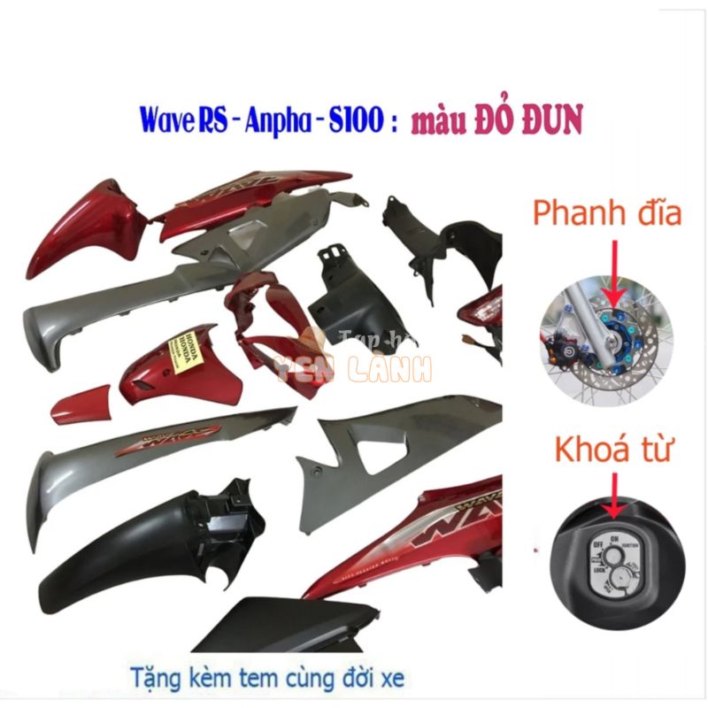 Dàn áo Loại Phanh Đĩa – Ổ khóa Vuông xe Wave RS -S100 – Alpha 100 đời 2006 đến 2016 màu ĐỎ ĐUN yếm Ghi – Tặng bộ ốc