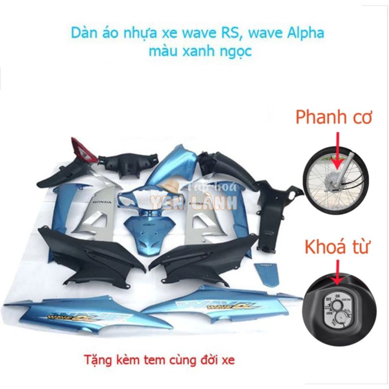 [TẶNG TEM & ỐC] Dàn áo Loại Phanh Cơ – Khóa Vuông  xe Wave RS , Wave Alpha 100 đời 2006 đến 2016 Màu Xanh ngọc