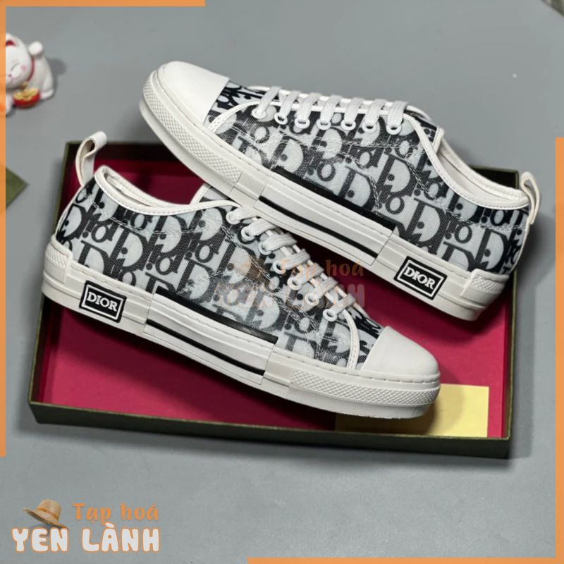 Giày thể thao sneaker nam nữ CD vải dệt hoạ tiết vân chữ monogram đen trắng mũi da đế cao su tách dán viền GS44P