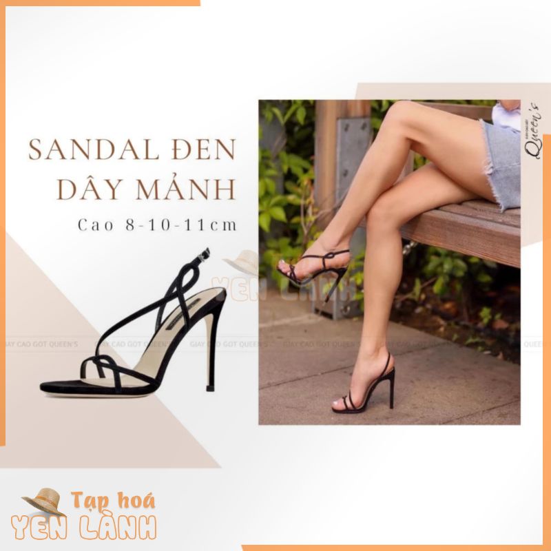 Giày cao gót sandal đen dây mảnh da lộn cao cấp, cao 8-10-11cm