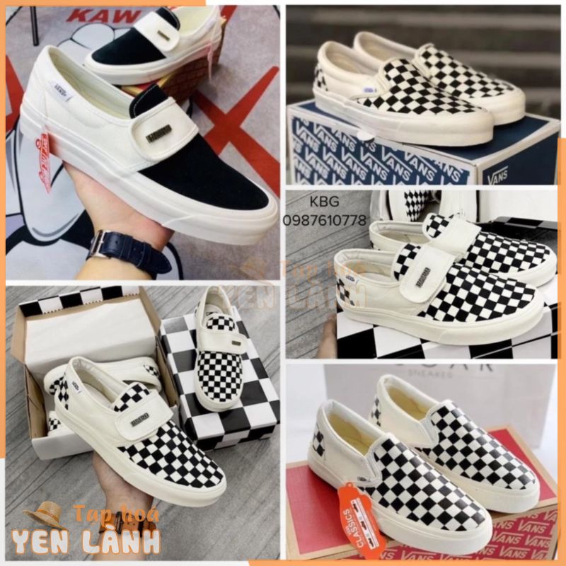 Giày Vans Slip On Strap Fear Of God caro đen trắng và Van đen vault chữ buộc dây Hot trend thể thao sneaker nam nữ 2023