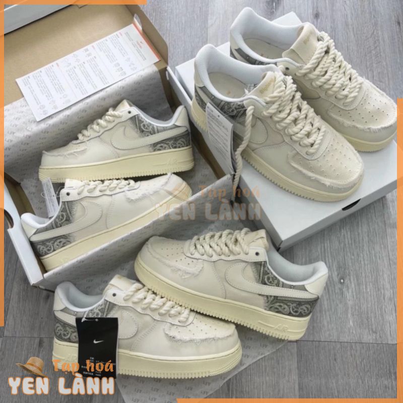 Giày sneaker AF1 dây thừng họa tiết màu kem bản chuẩn, Giày thể thao force 1 thổ cẩm dây thừng dành cho nam nữ