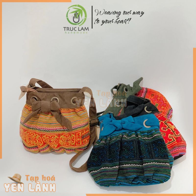 Túi Đeo Chéo Thời Trang Nữ Vải Thổ Cẩm Phối Da Lộn Miệng Dây Rút Thắt Nơ – Trúc Lâm Handmade