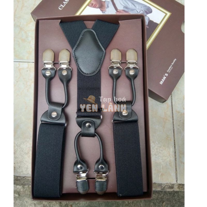 Dây đai quần chữ y nam -Suspender 6clips leather- dây yếm quần cao cấp bản 3.5cm 6 kẹp