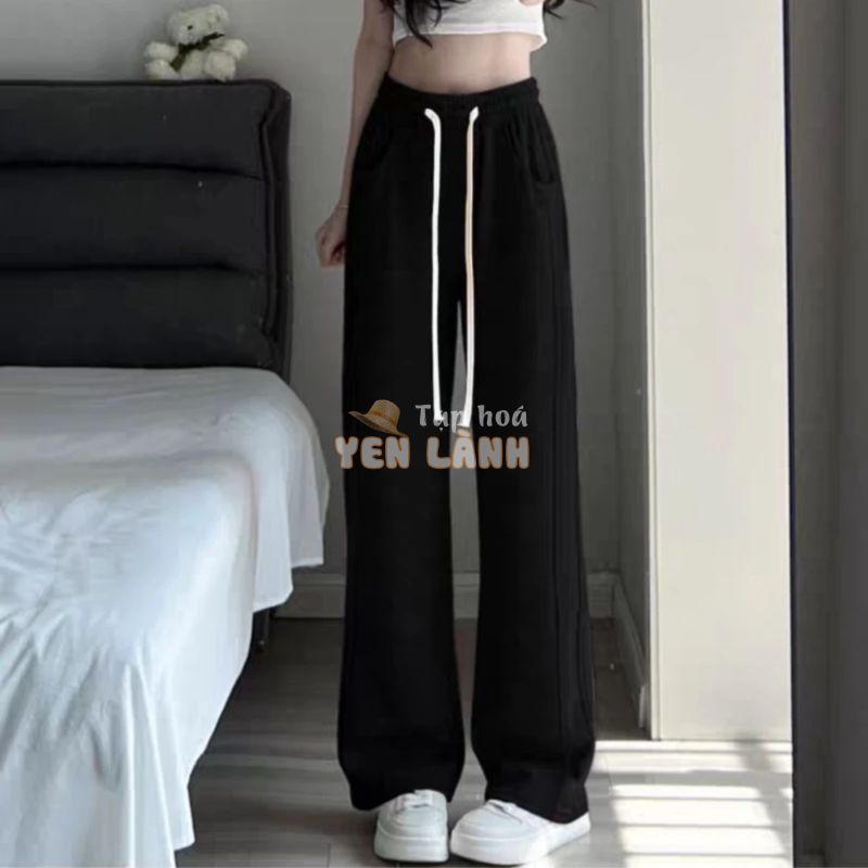 Quần thun dài Nhỏ Clothing bigsize nữ ống rộng phối dây cột trắng bản lưng chun co giãn thoải mái xinh xắn dễ phối Q14