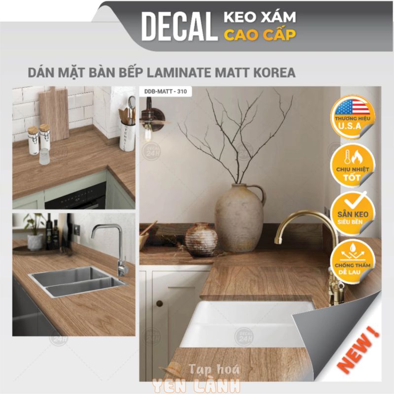 Giấy dán bếp vân gỗ tự nhiên loại dày, dán mặt bàn bếp chống thấm nước, size lớn, Decal bếp cao cấp Decal24h, DDB-310