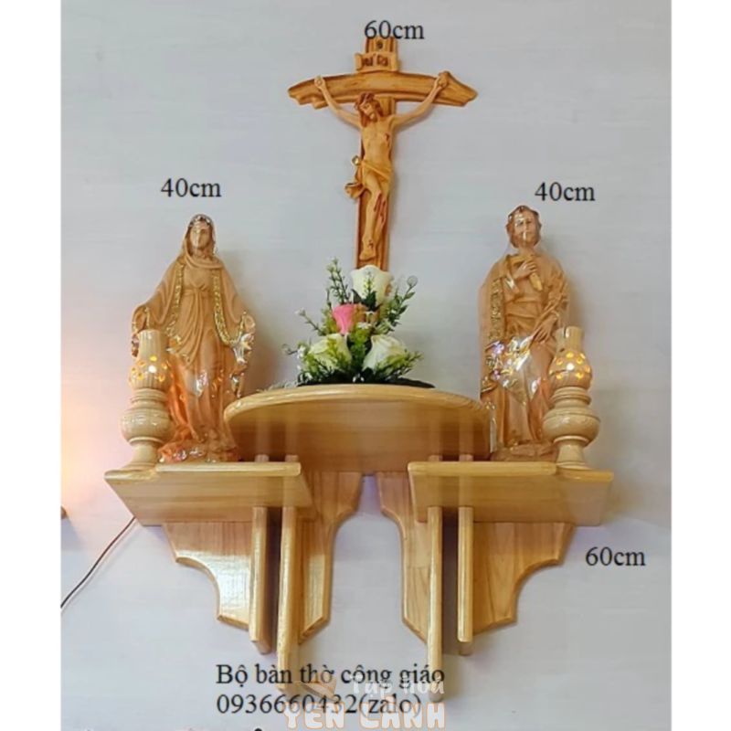 Bộ bàn thờ Thiên Chúa tượng Mẹ Thánh 40cm Thánh giá Chúa 56cm kệ gỗ 3 tầng sole đôi 60cm 2 đèn hoa