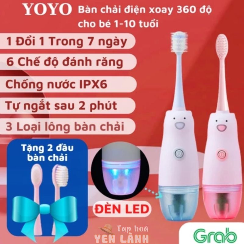 [Tặng 2 đầu bàn chải] Bàn Chải Điện Trẻ Em, Máy Đánh Răng Tự Động cho Bé từ 1-10 tuổi có đèn, 6 Chế Độ, chống nước IPX6