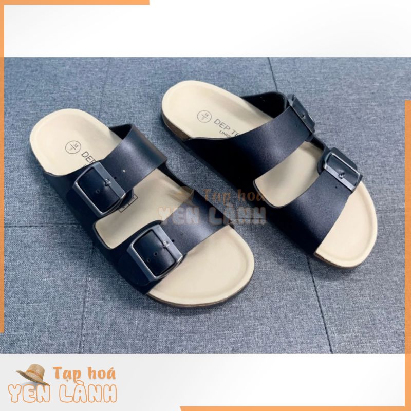 Dép đế trấu Birken nam nữ unisex quai 2 khóa màu đen