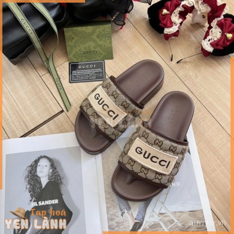 Dép lê bánh mì Gucci nam nữ đế bệt, quai ngang 2 màu  nâu – đen mới 2024 về đủ size chuẩn cao cấp