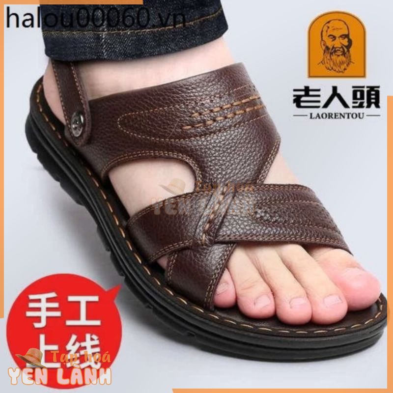 Giày Sandal Mũi Người Cao Tuổi Nam Mùa Hè 2024 Phong Cách Mới Da Thật Giày Đi Biển Nam Giày Đế Dày Dép Dép Trung Niên Bố