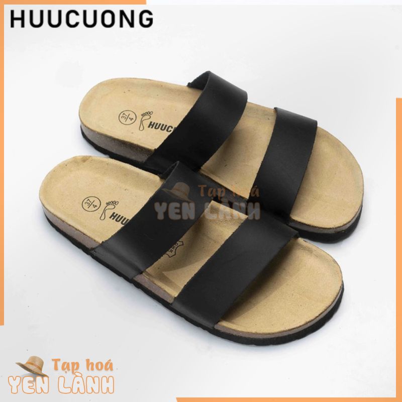 Dép unisex HuuCuong 2 quai da bò đen đế trấu handmade