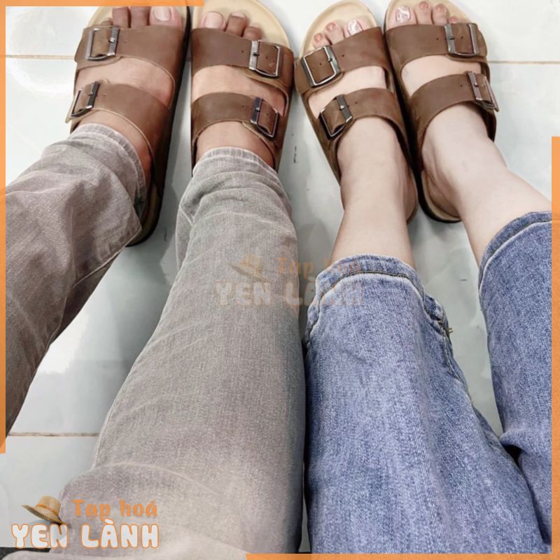 Dép Đế Trấu Birken Nam Nữ Unisex Quai Chất Liệu Da Bò Sáp Nâu