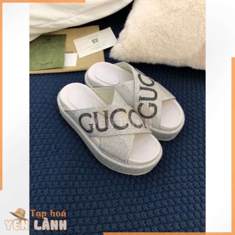 dép xỏ ngón thời trang nữ đế cao quai chéo đính đá logo Gucci GC