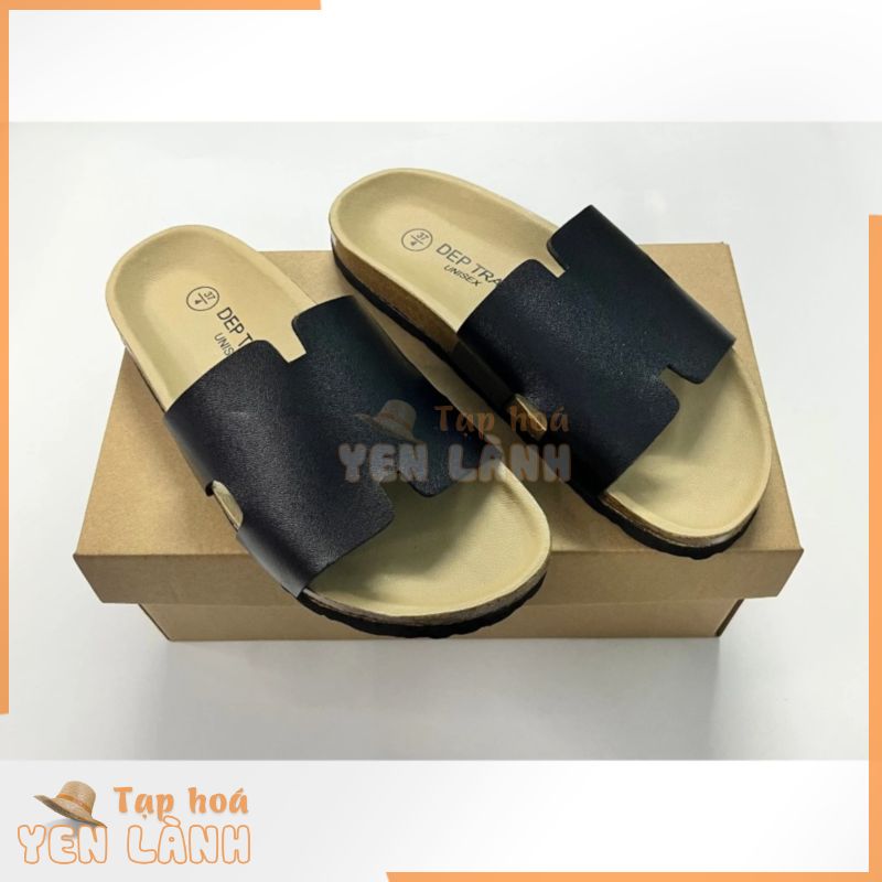 Dép đế trấu Birken nam nữ unisex quai chữ h màu đen