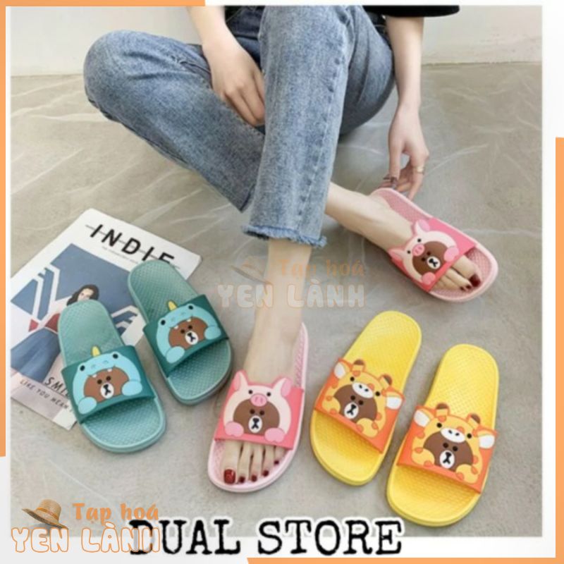 XĂNG ĐAN DÉP LÊ NỮ QUAI NGANG SIÊU CUTE ÊM BỀN DÉP in hình gấu BROWN và thỏ CONY Sticker Hàn Quốc dép đi trong nhà