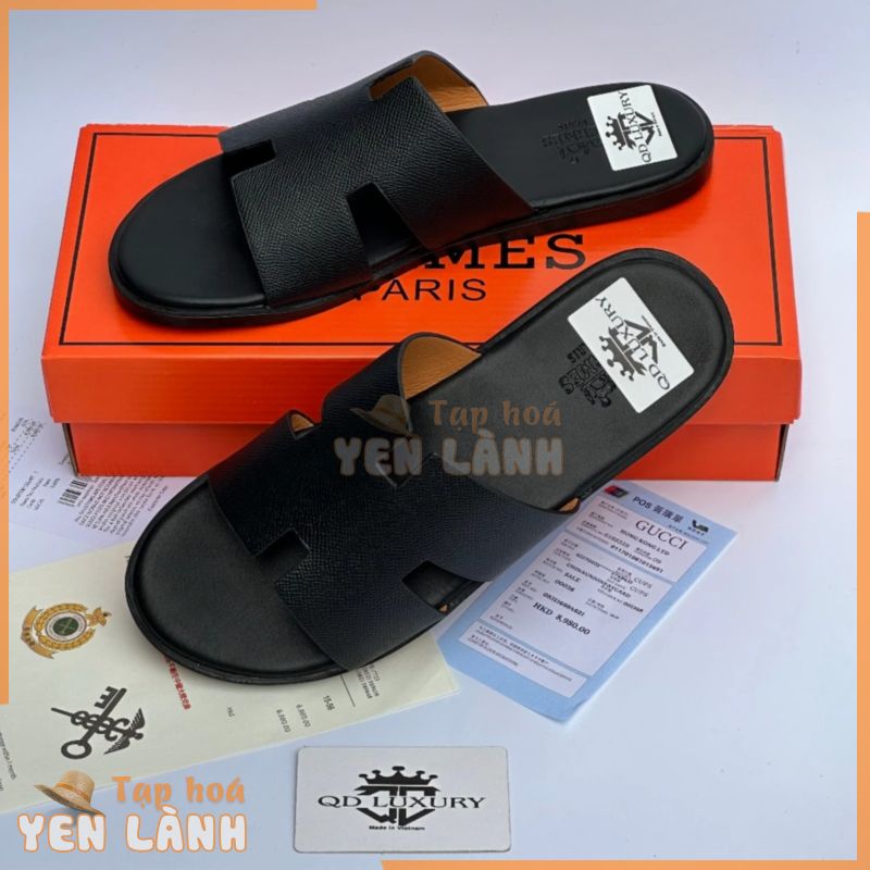 Dép HM 001 Da thời trang Quai Ngang nam nữ Chữ H cực chất, CHA.GO HER..MES size 38-43