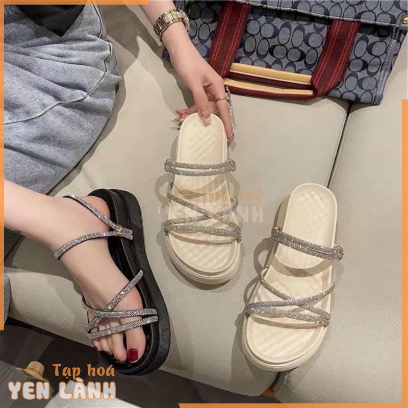 Dép SanDal đế bằng 2 quai ngang nữ đính đá cao cấp, đế cao 4cm, dép quai hậu đi chơi, đi học siêu kute