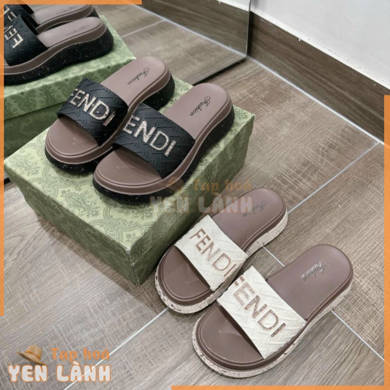 Dép quai ngang nữ 2 quai, dép lê nữ chữ FENDI độn đế cao 3,5cm, Hàng Quảng Châu