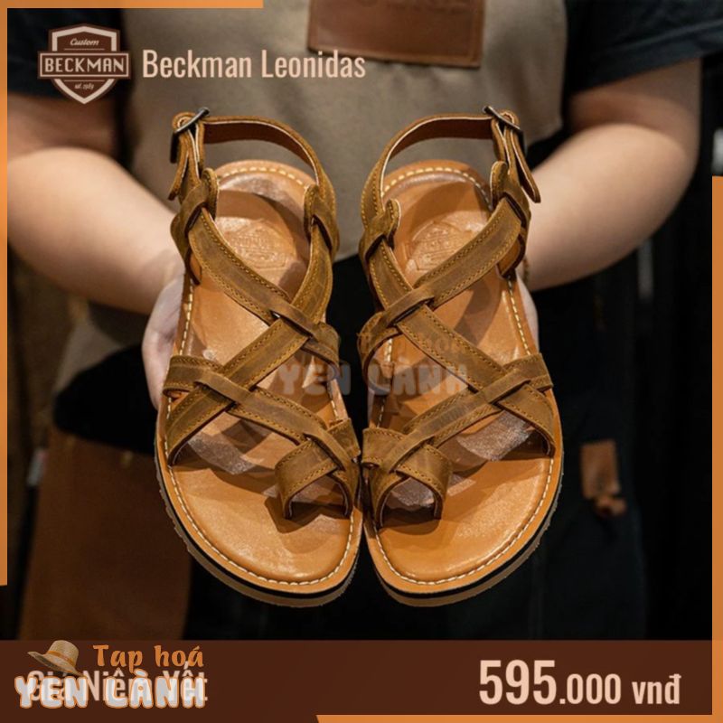 Dép Sandal da Nam Hàng Hiệu Đế Bằng Da Thật – Sandal Leonidas Màu Bò – R8ckie – SDLO02BO