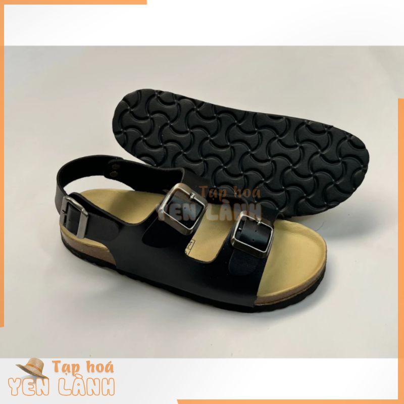 Dép Birken đế trấu sandal quai ngang 2 khoá Unisex-Màu Đen