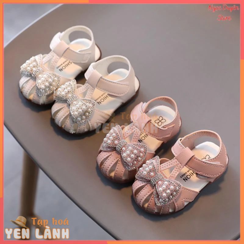 Dép sandal cao cấp tập đi trẻ em phối nơ phong cách vintage chống vấp cho bé gái