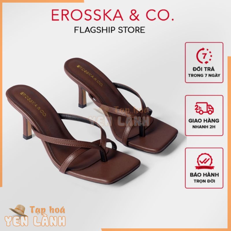 Erosska – Dép cao gót nữ mũi vuông xỏ ngón phối dây mảnh cao 7cm màu nâu đậm – EM060