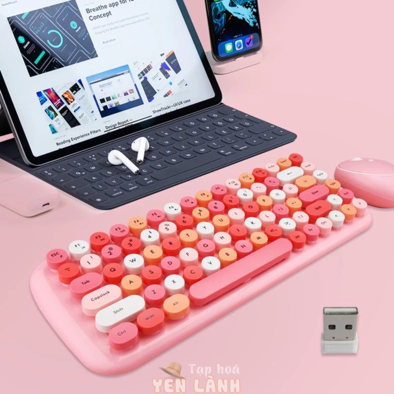 Combo bàn phím và chuột Candy Hiện Đại ko dây giả cơ 84 phím, dùng cho laptop tivi điện thoại có kèm đầu chuyển