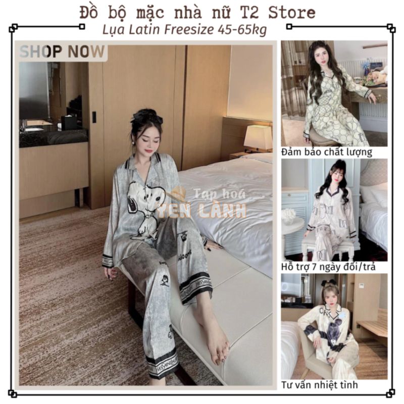 Bộ pijama nữ tay dài quần dài T2 Store đồ bộ mặc nhà lụa latin mềm mịn 45-65kg T16