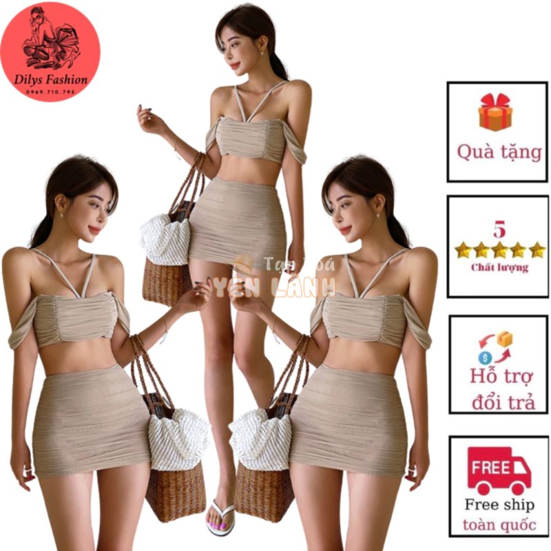 Bikini 2 mảnh đi biển kín đáo DILYSFASHION ĐB, Đồ bơi nữ áo cổ yếm trễ vai quần cạp cao dạng váy nhúm che bụng cực tốt