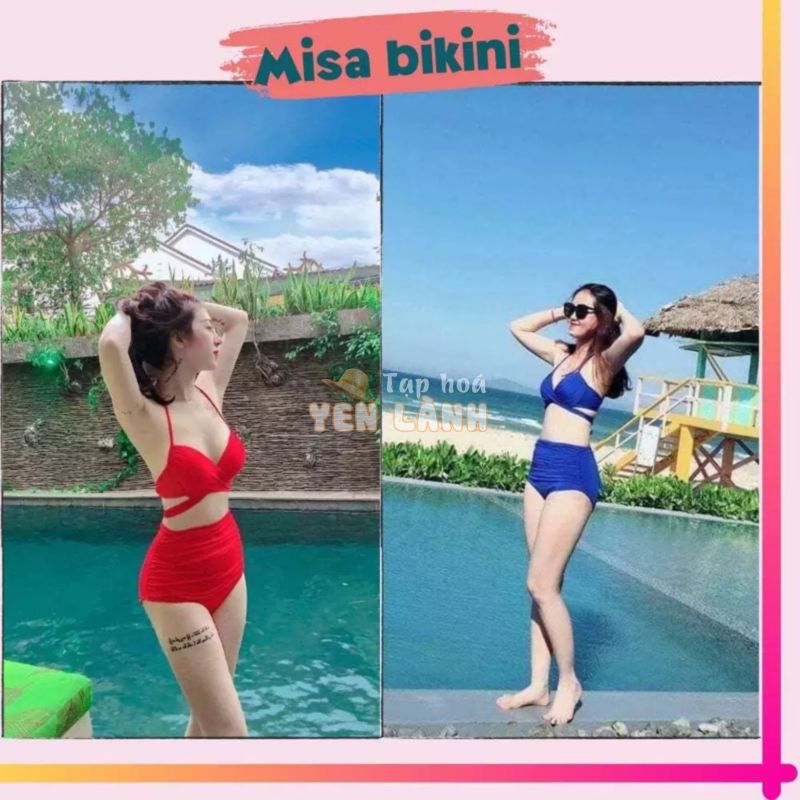 Đồ bơi nữ bộ bikini đi biển 2 mảnh nâng ngực quần lưng cao che bụng áo tà dài buộc chéo sexy Misa Ms11