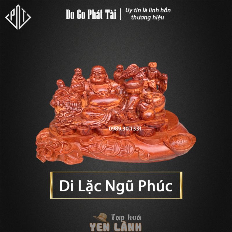 Tượng Di Lặc Ngũ Phúc ngự bị vàng phong thủy dùng để trang trí trên kệ bàn phòng khách gỗ Hương ngang 40