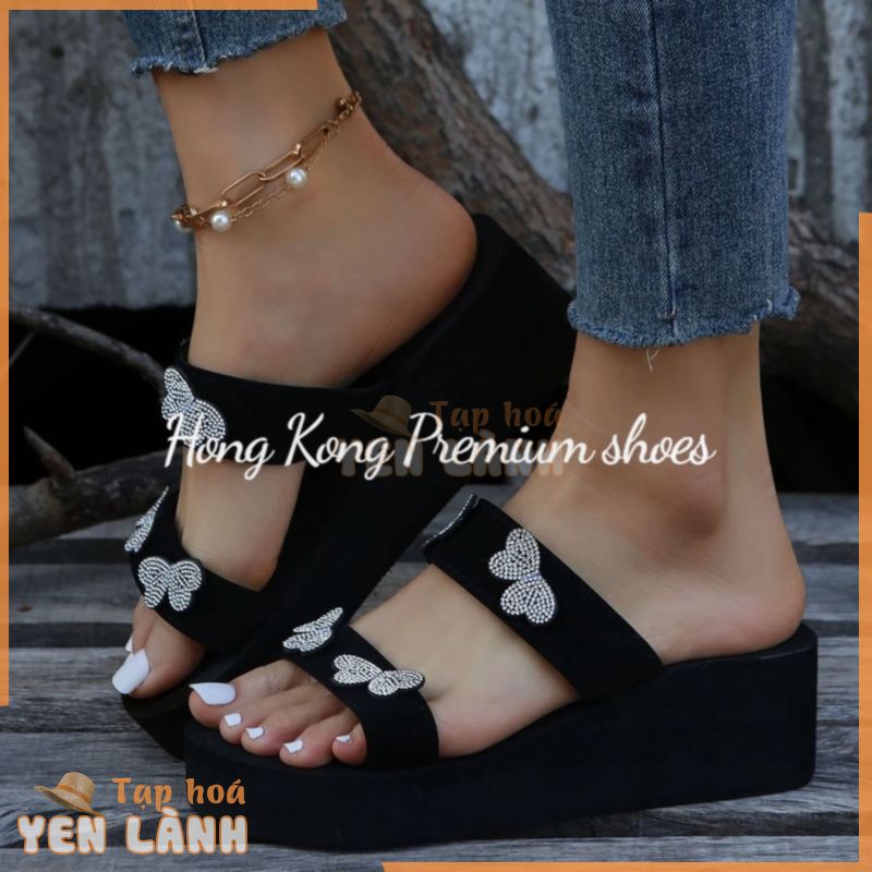 Hong Kong Premium shoes❥(^_-)Giày sandal Đi Biển Đế Xuồng Dày Hai Dây Ruy Băng Đôi Đính Đá Kim Cương Nước Kiểu Âu Mỹ Cho Nữ