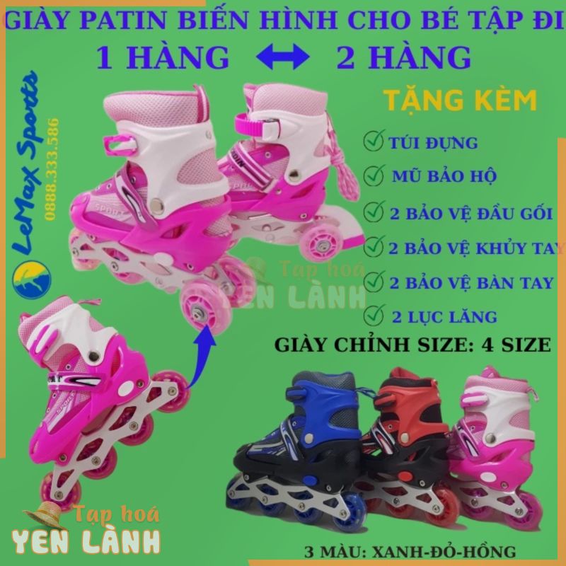 Giày trượt patin biến hình thành 2 hàng cho các bé tập đi. Giày trượt patin trẻ em giá rẻ đủ màu đen, xanh, đỏ, hồng.